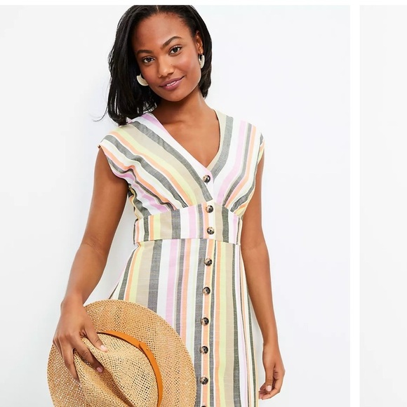 LOFT Striped Button Flare Spring Dress Women’s SIZE 0 Petite Cap Slv New - Picture 4 of 6